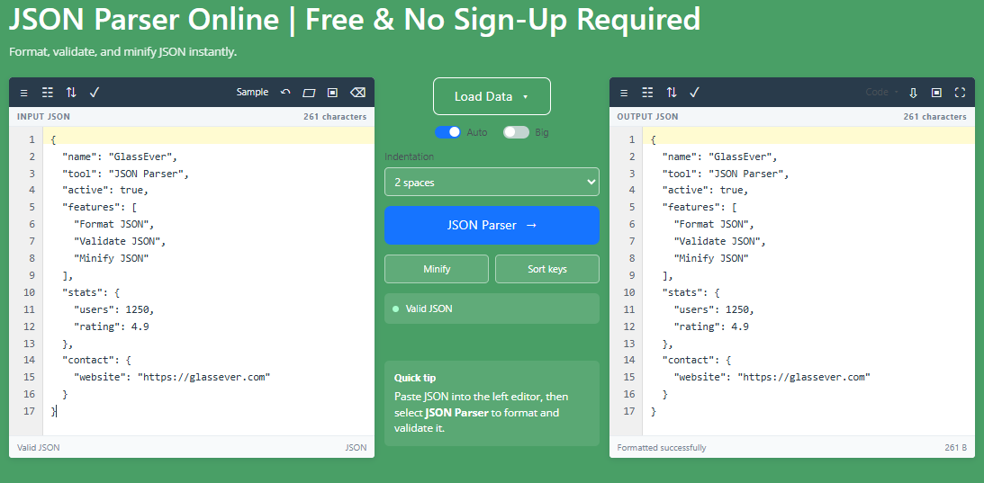 Free Online JSON Parser | GlassEver
