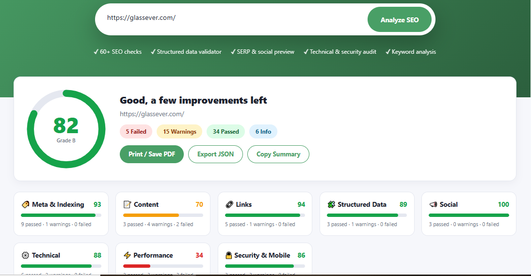 Glassever free online SEO checker and website analyzer